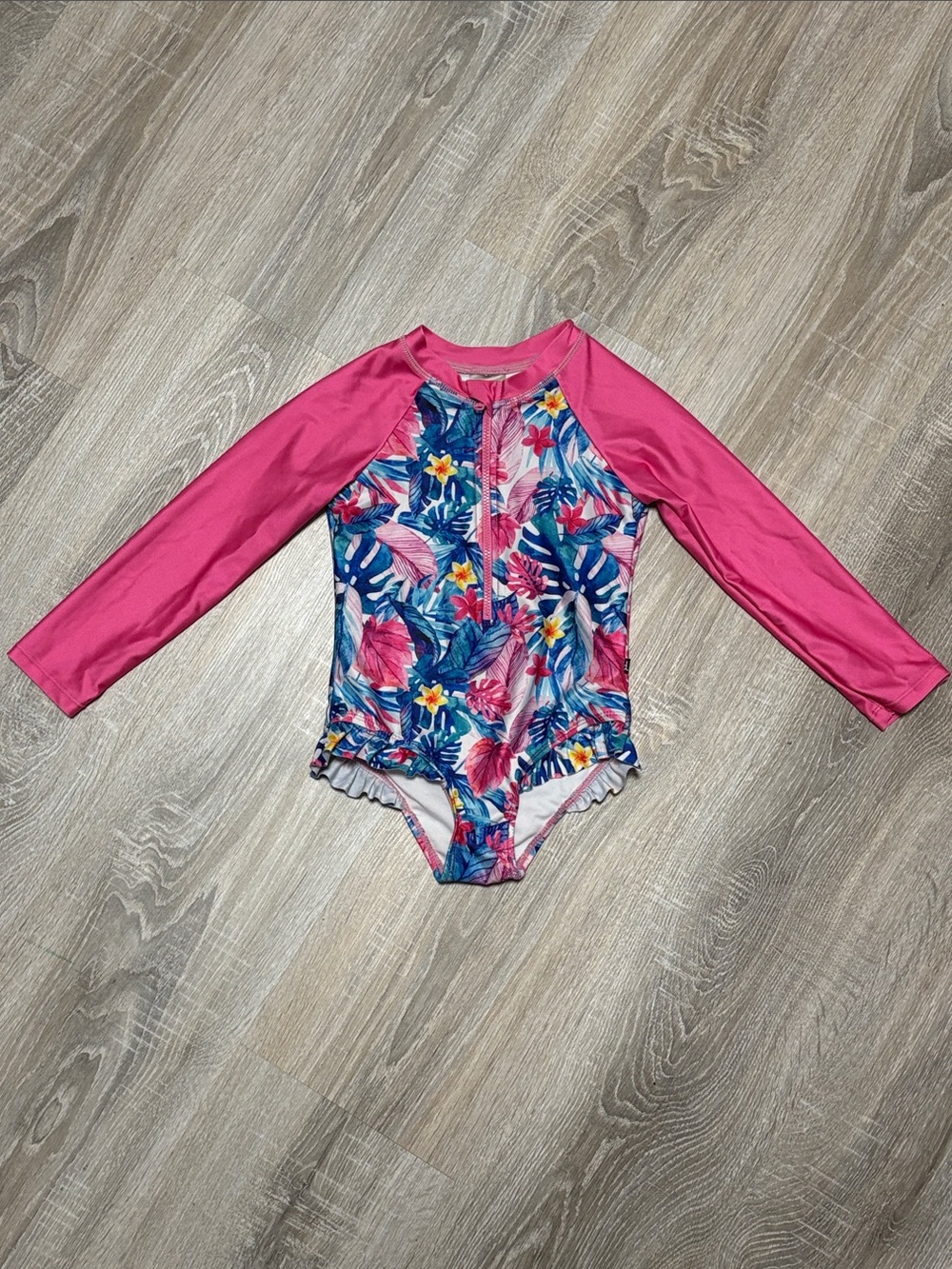 deux par deux Pink Tropical Floral Long-Sleeve One-Piece Swimsuit